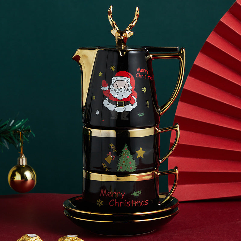 Ceramic Teapot Set with Cups and Plates - Christmas Elk Design, Portable & High-Temperature Resistant