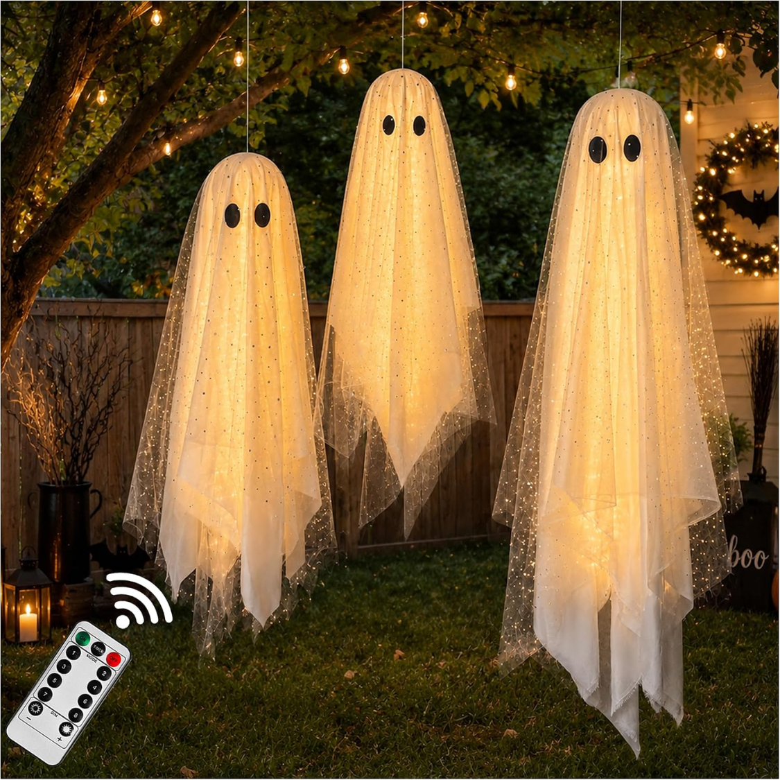 3-Piece Hanging Ghost Decoration Set with Remote-Controlled Lights