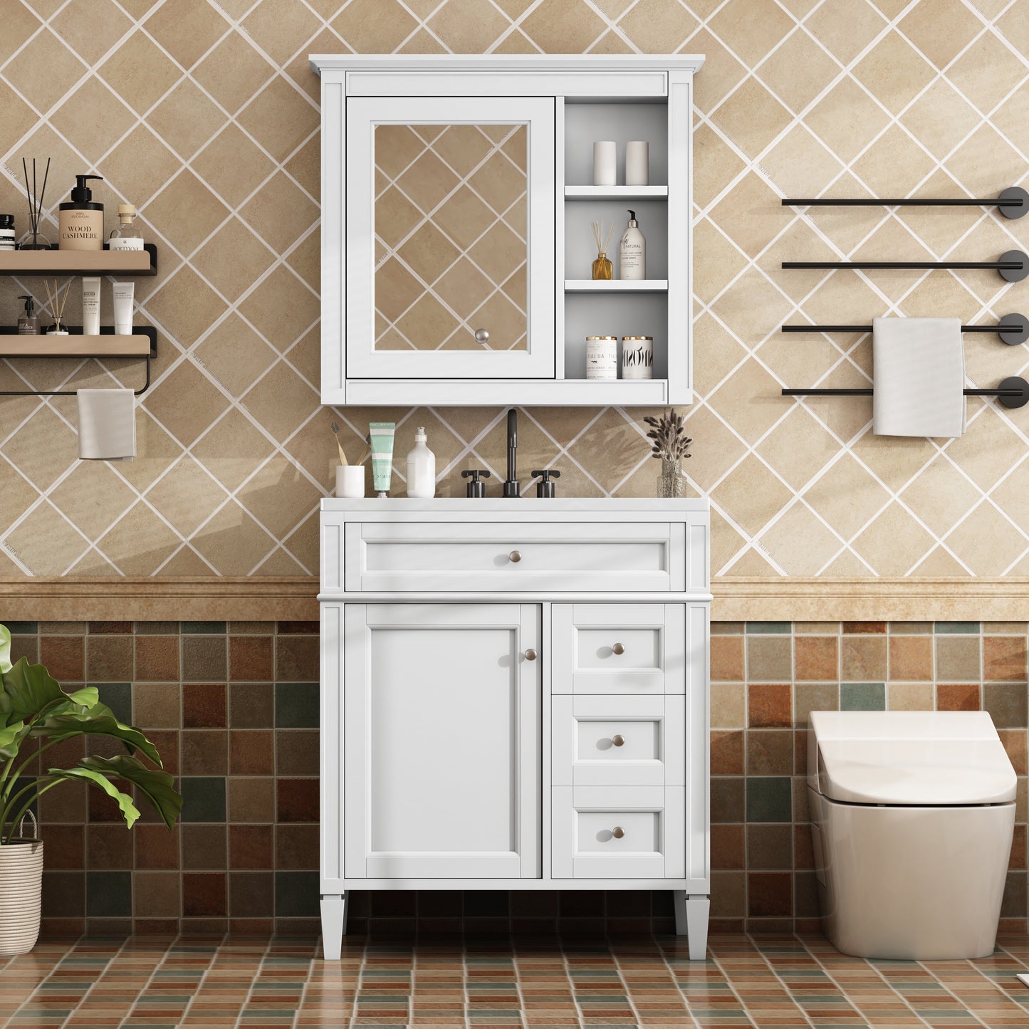 30'' Modern Bathroom Vanity with Sink & Mirror Cabinet - White