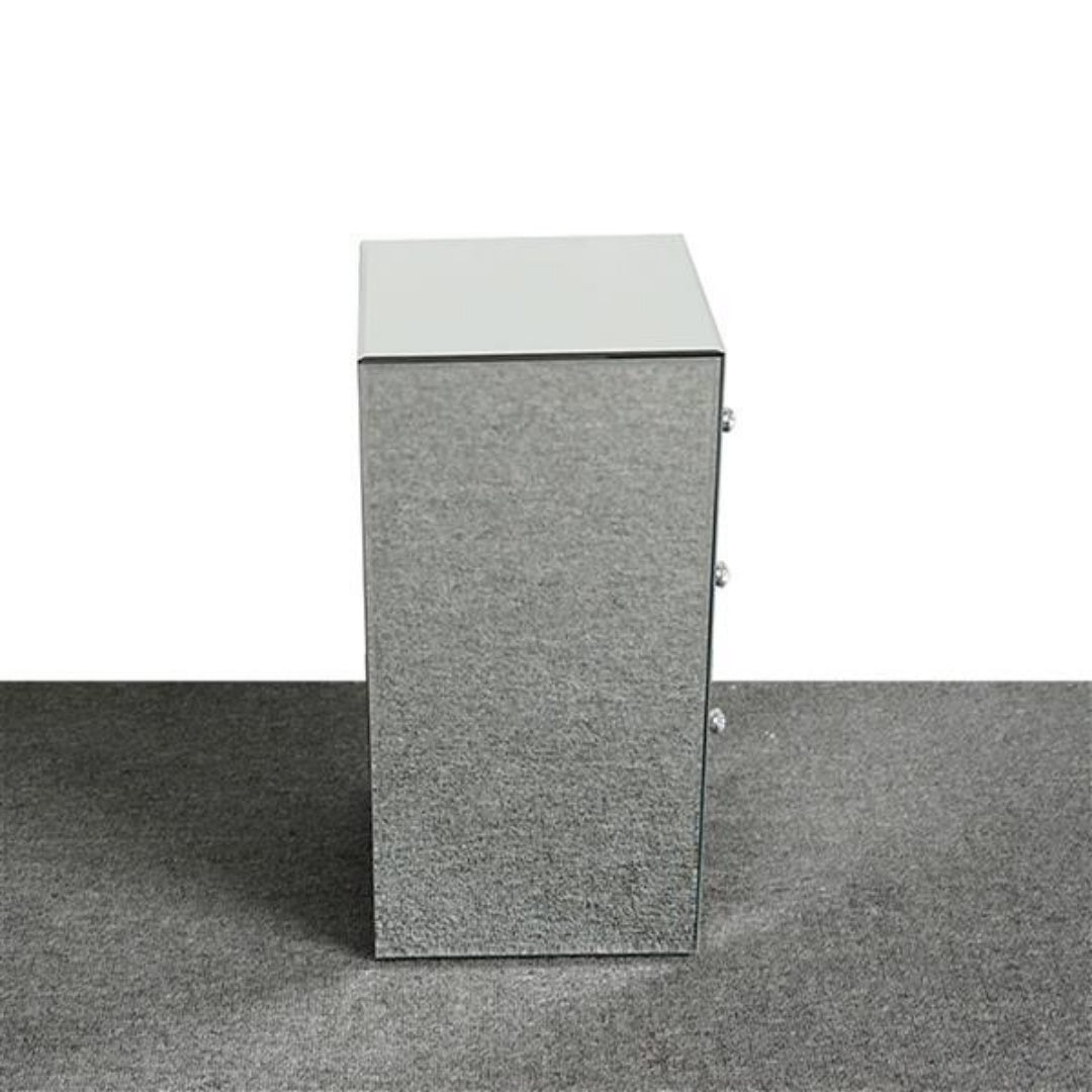 Mirrored Glass Bedside Table with 3 Drawers - Silver