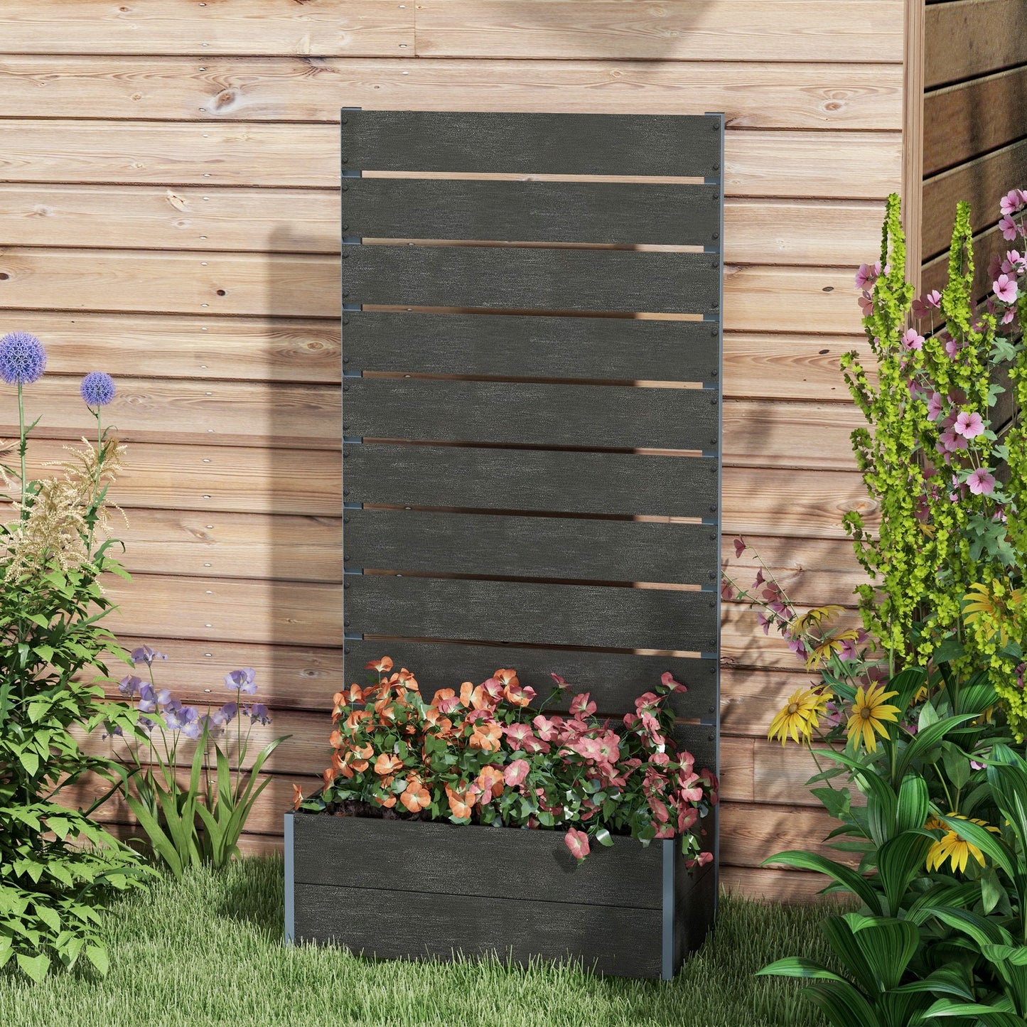Outdoor Raised Garden Bed with Trellis - Climbing Plant Planter Box, Black, 28.25 x 15 x 59 inches