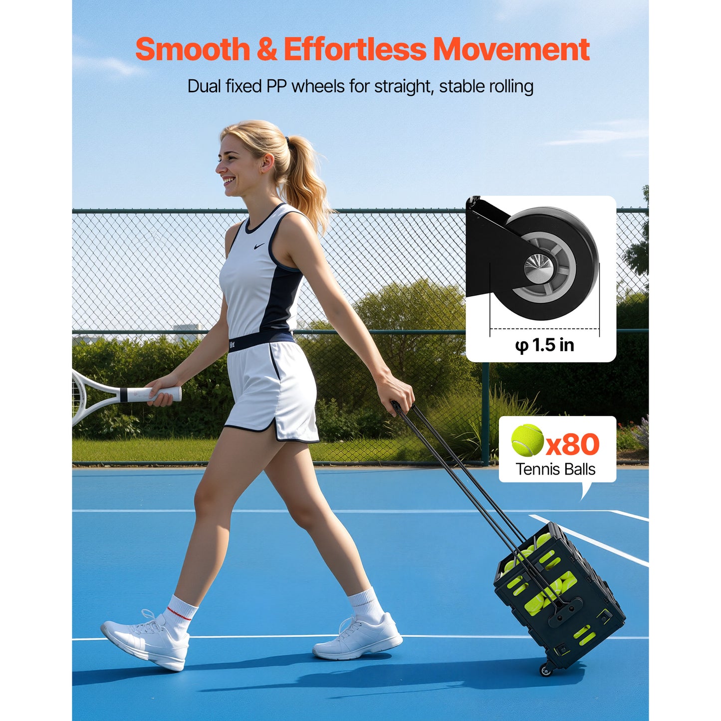 Tennis Ball Hopper Cart Holds 80 Balls Portable Tennis Ball Collection Caddy