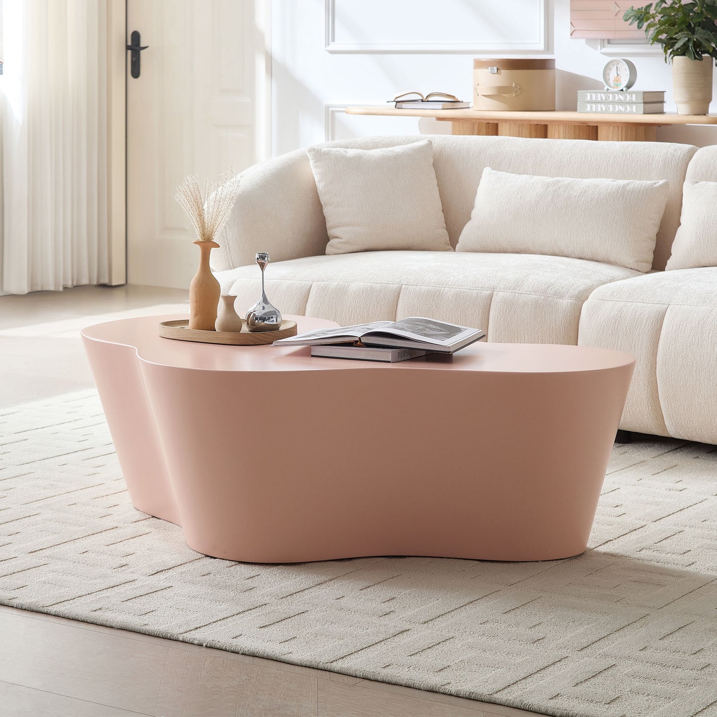 50 Inch Pink Unique Shape Coffee Table - Sturdy Fiberglass