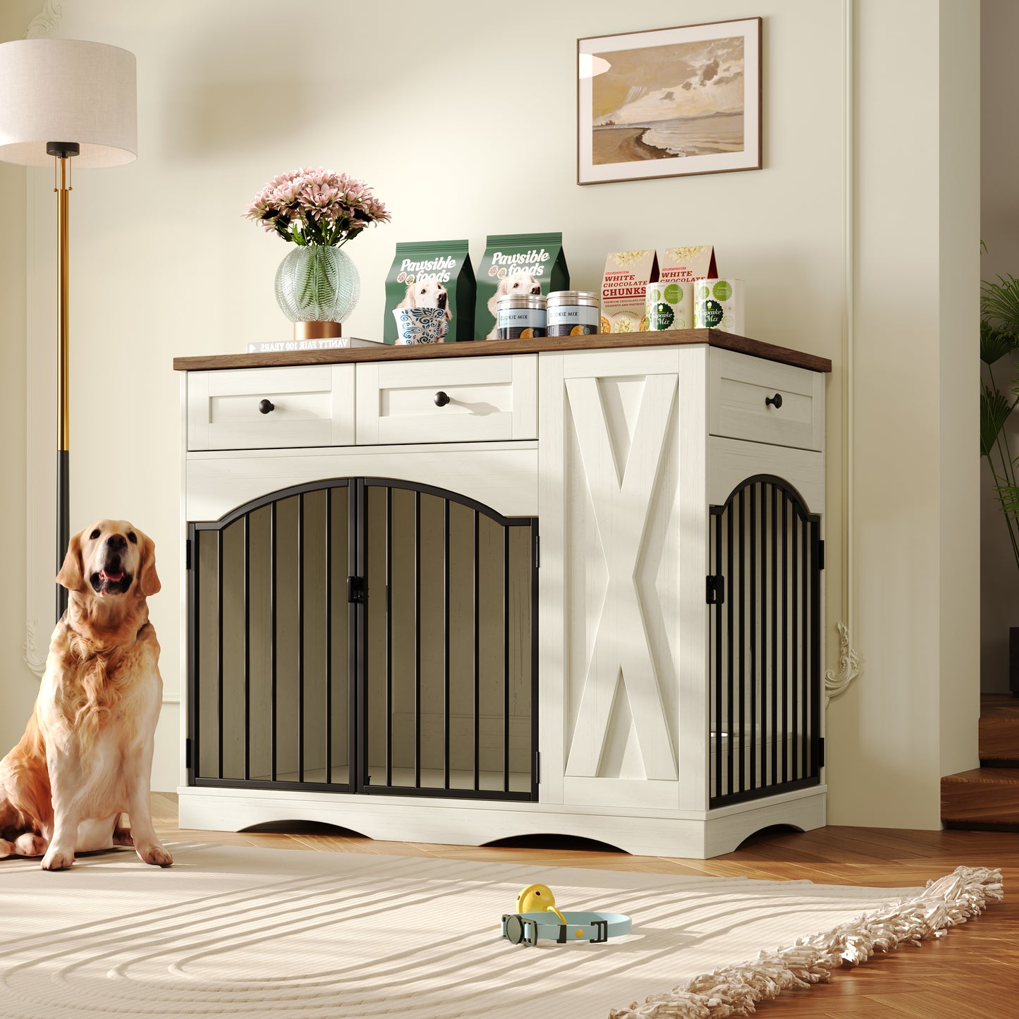 Farmhouse Dog Crate Furniture with 3 Drawers - Beige Brown