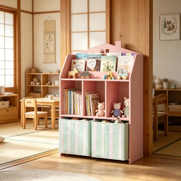 Kids Book Shelf with Drawers - House Shape, Pink