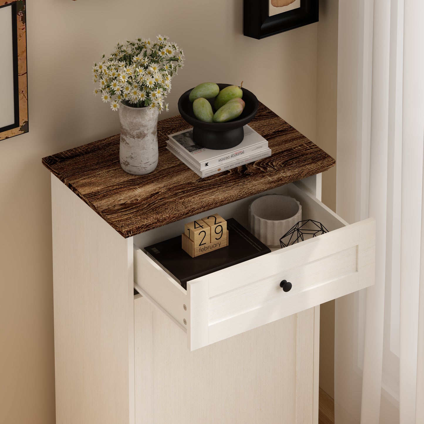Tilt-Out Trash Cabinet - Freestanding Wood Recycling Bin with Drawer, Antique Brown & White