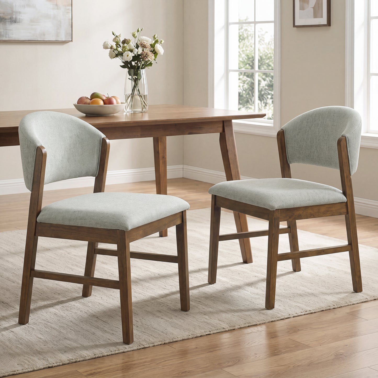 Mid-Century Modern Upholstered Dining Chairs - Set of 2, Grayish Green & Walnut
