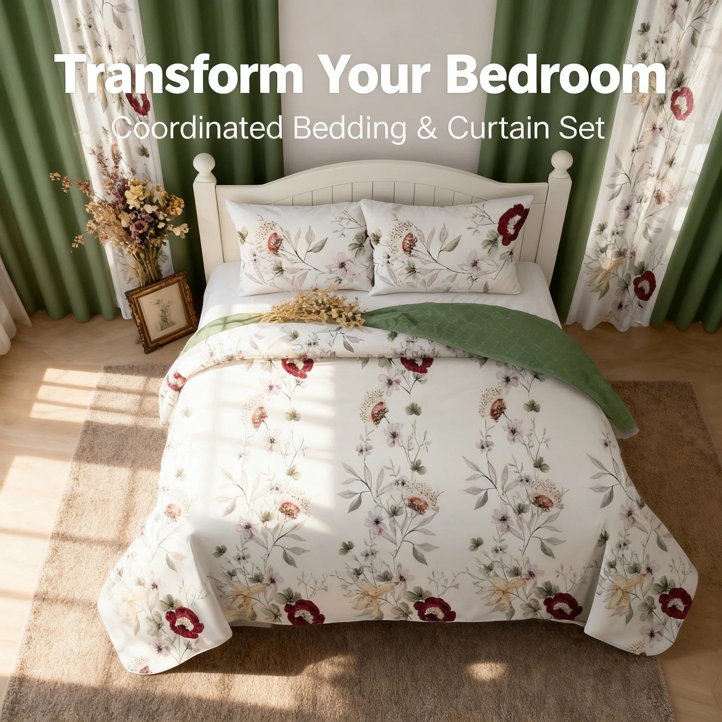 9-Piece Quilt and Curtain Set - Sage Green Floral Design