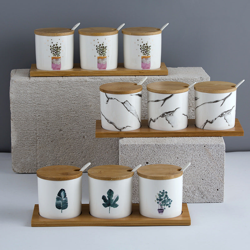 Three-Piece Ceramic Seasoning Jar Set with Lid - Kitchen & Dining