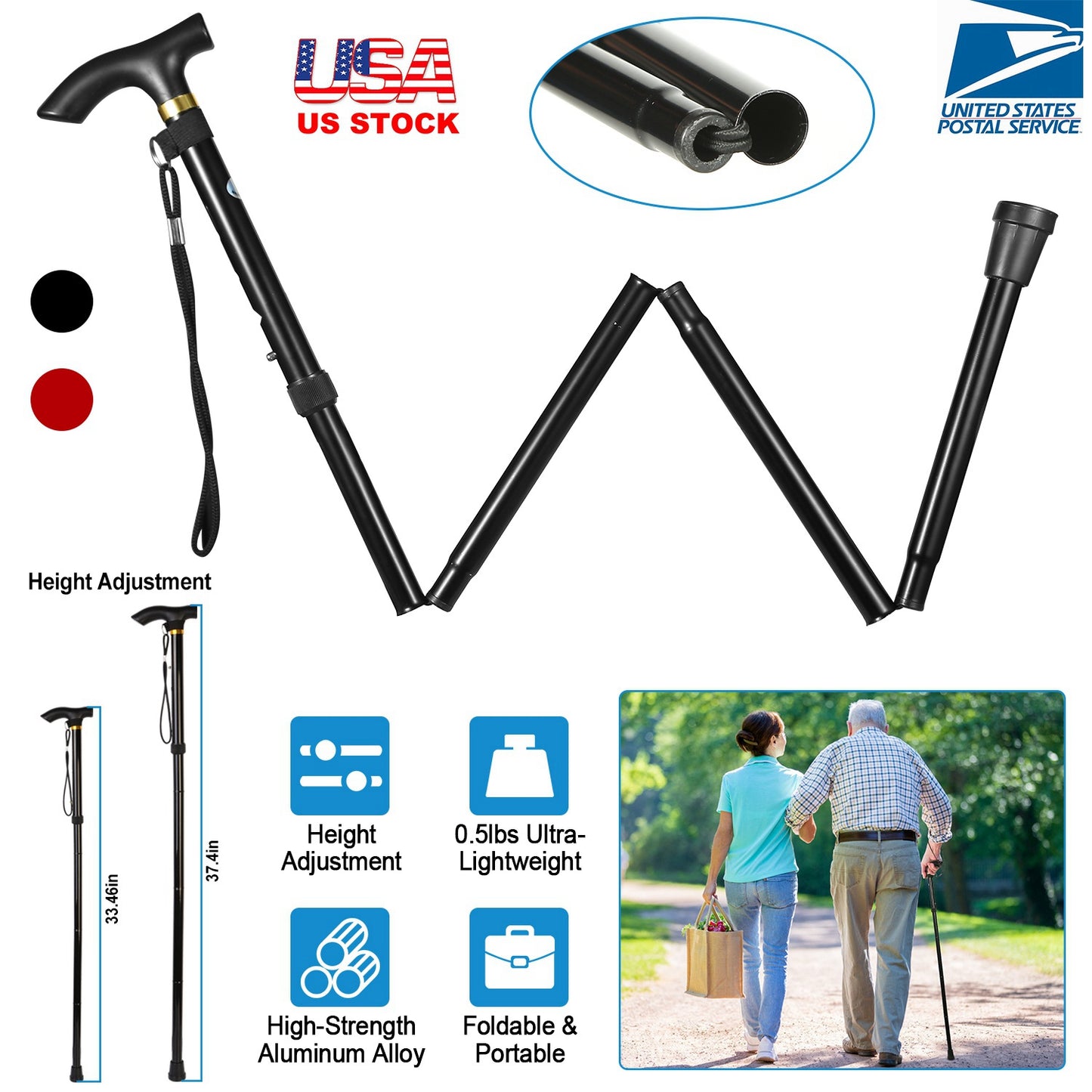 Adjustable Folding Walking Cane - Lightweight Aluminum Alloy