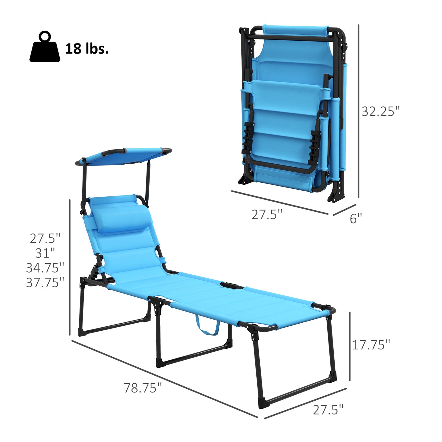 Adjustable Folding Lounge Chair with Sun Shade - Light Blue