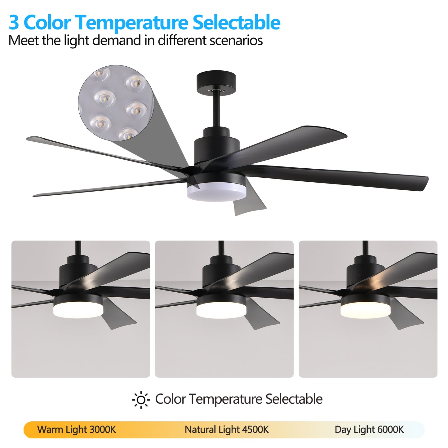 65 Inch Black Ceiling Fan with Dimmable LED Light & Remote Control