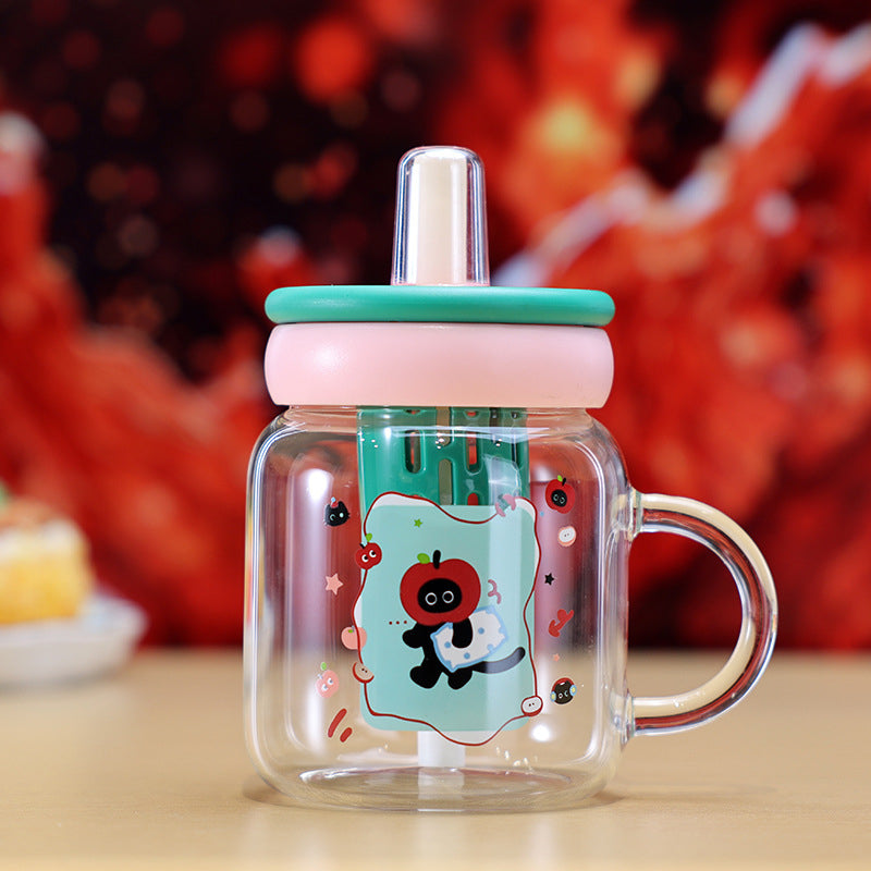 Cute Cat Water Cup with Handle - 600ML Glass Drinking Mug for Home