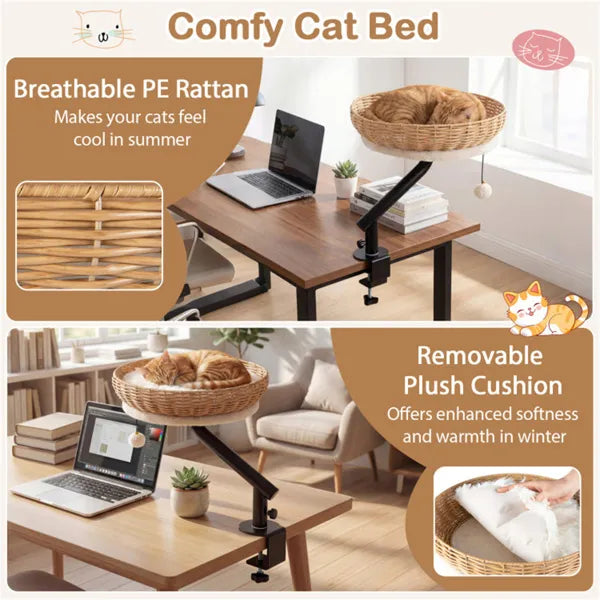 Rotatable Desktop Cat Bed Perch with Jingle Ball - 2-in-1 Workspace Cat Retreat