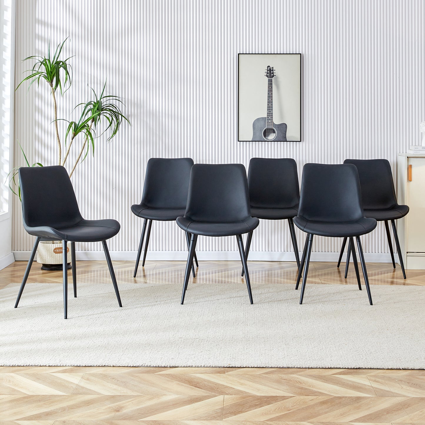 Black Artificial Leather Backrest Cushion Dining Chair, Metal Legs,