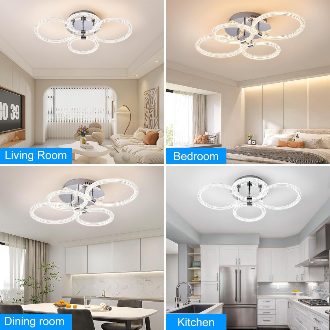 Modern Dimmable LED Ceiling Light with Remote Control, 4-Ring Acrylic Flush Mount Fixture for Bedroom, Living Room, Kitchen