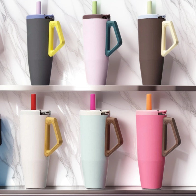 Insulated Stainless Steel Cup with Handle and Straw - 1100ml Multiple Colors