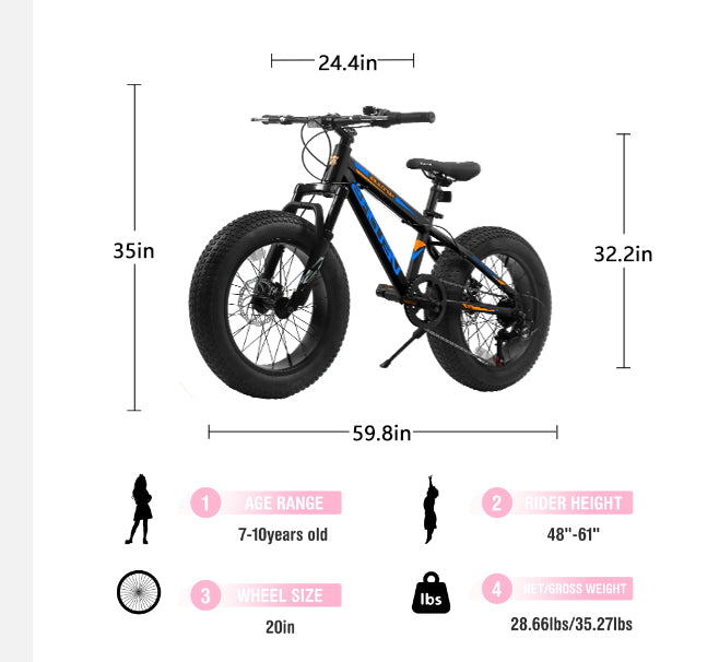 20 Inch Fat Tire Mountain Bike - 7 Speed, Dual Disc Brakes