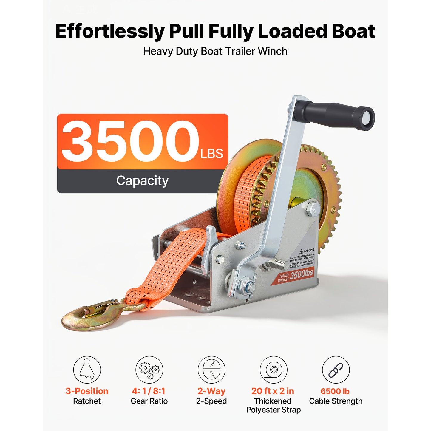 Heavy Duty Hand Winch with 20ft Polyester Strap - Portable Boat Trailer Towing