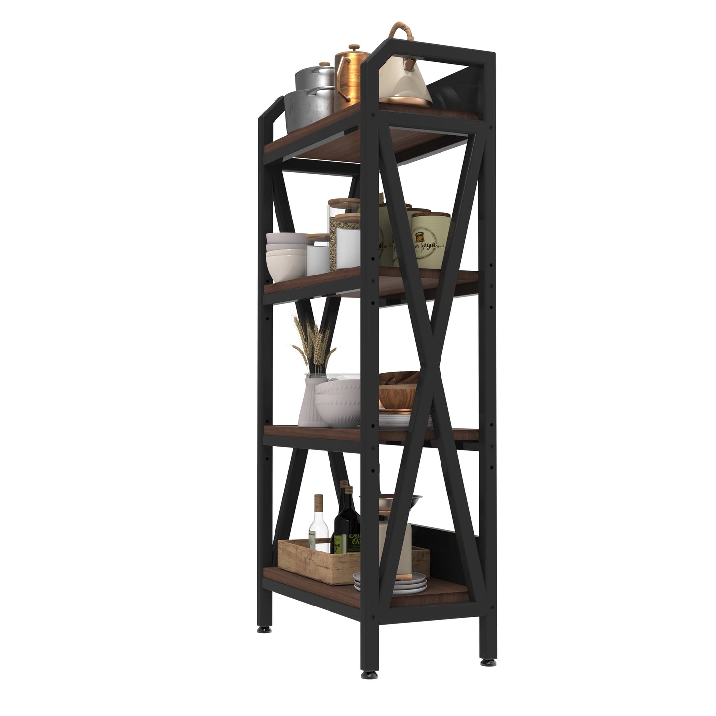 Black 56.3-Inch Metal & Wood Kitchen Storage Rack with 4 Adjustable Shelves