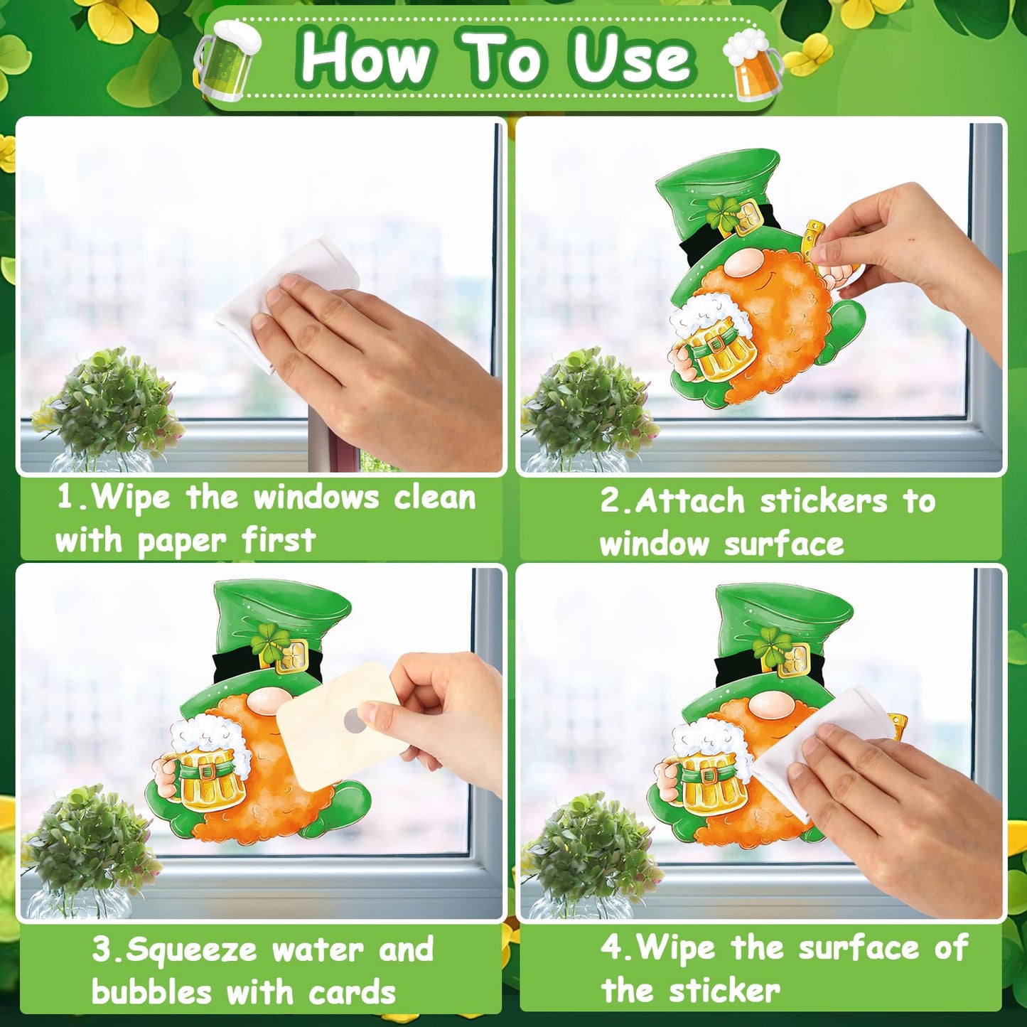 St. Patrick's Day Gnome Window Decals - 9 Sheets of Reusable Clings