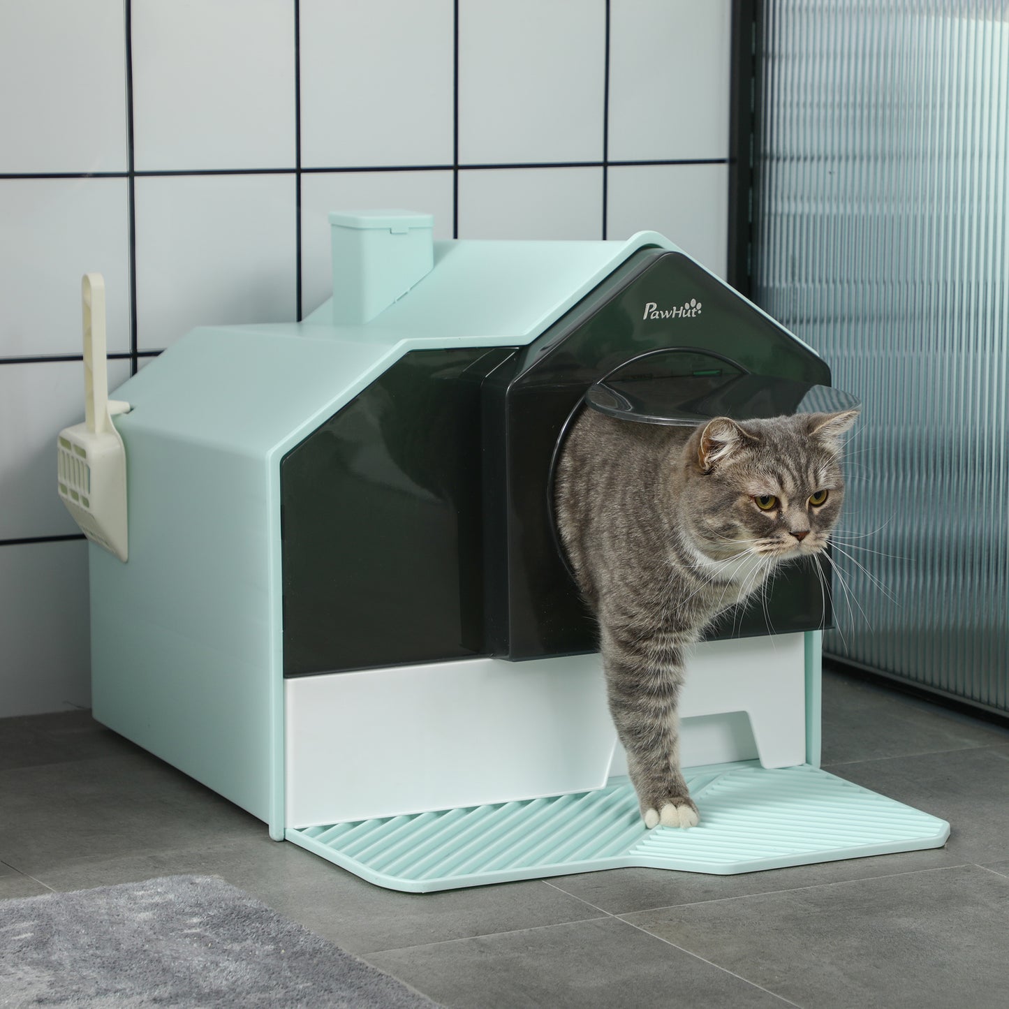 Hooded Cat Litter Box with Litter Mat, Odor Control, Light Blue