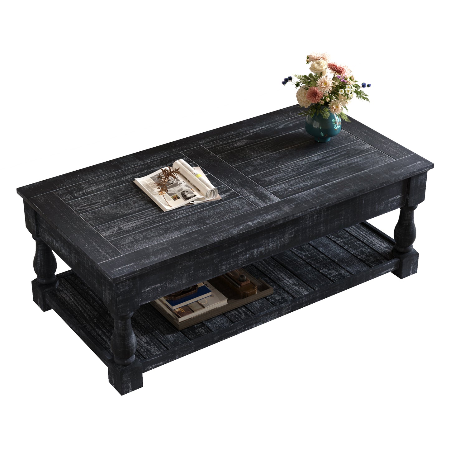 Farmhouse Lift Top Coffee Table with Storage Trays - Antique Black
