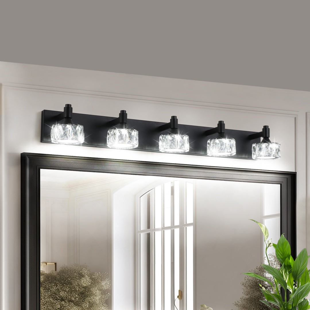 5-Light Matte Black LED Vanity Light Fixture with Crystal Shades