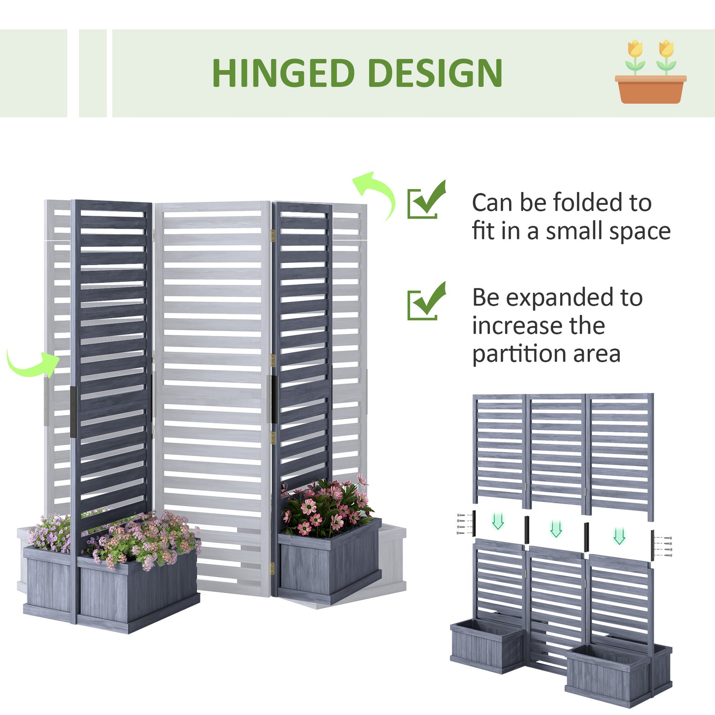 Wooden Privacy Screen with 4 Planter Boxes - Garden Fence Panel, Gray 910x285x600 mm