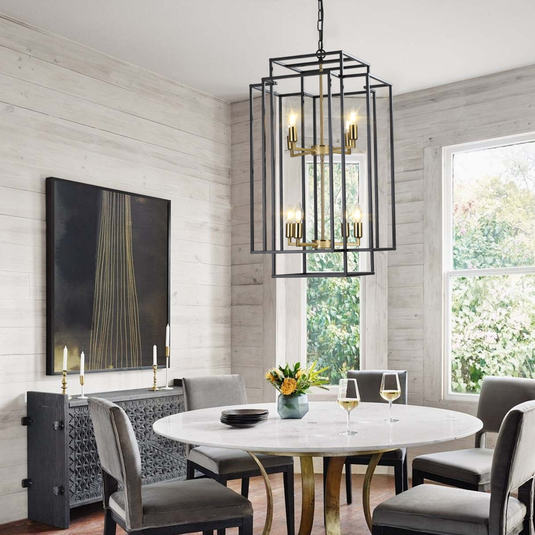Modern 8-Light Black Gold Geometric Pendant Chandelier