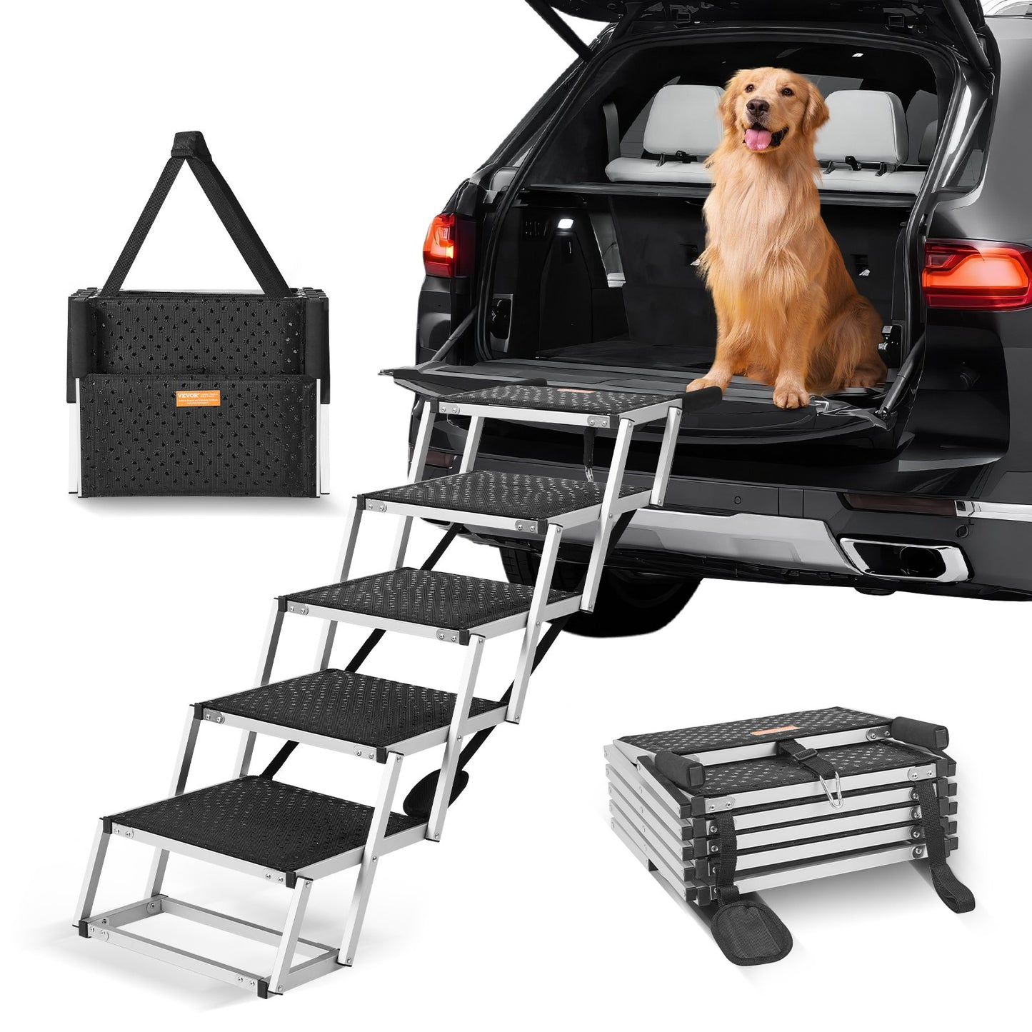Foldable Dog Car Stairs - Aluminum Pet Steps Supports Up to 150 Lbs Black