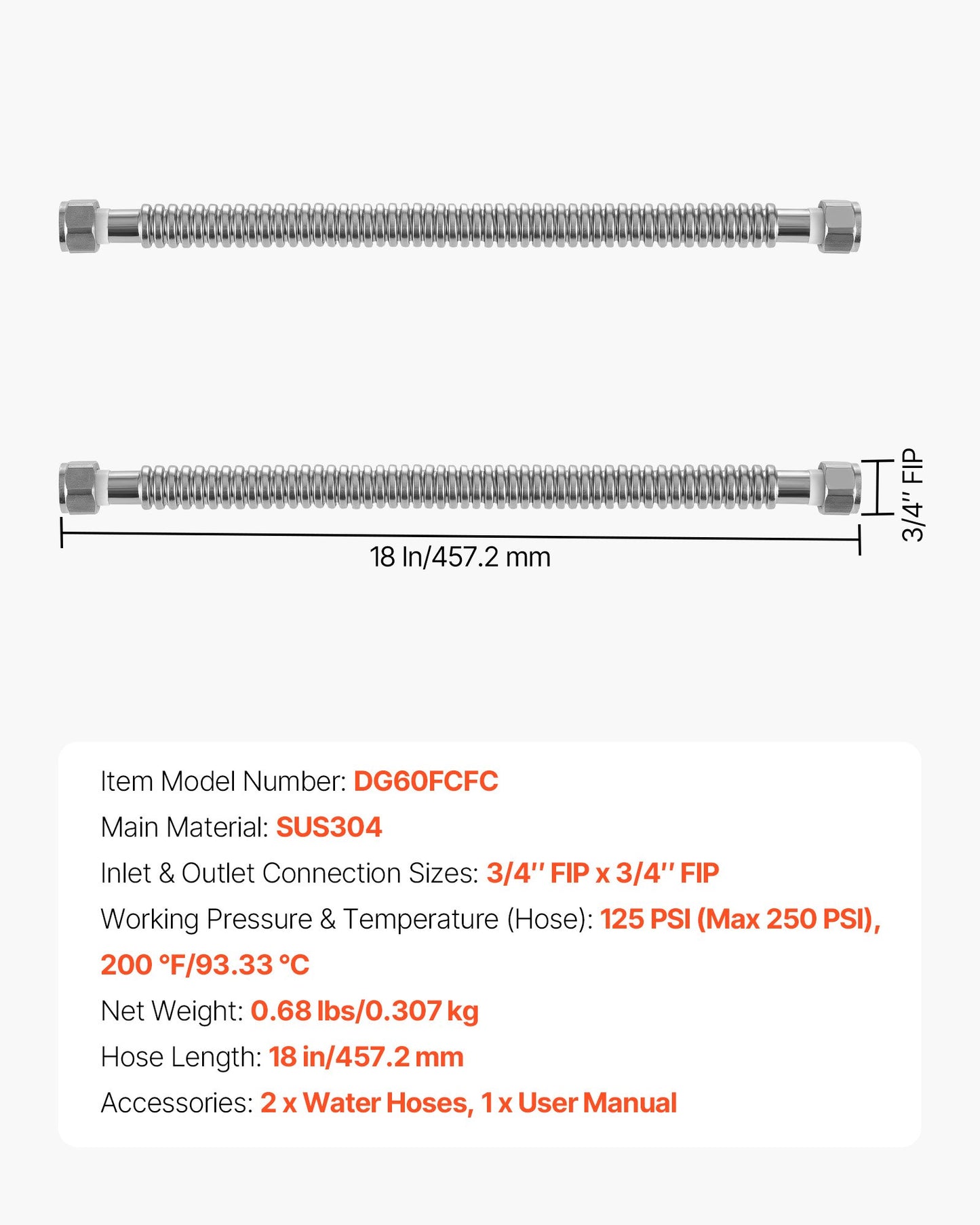 Water Heater Flex Connector Kit 18 Inch 3/4 Inch FIP Water Heater Installation Hose