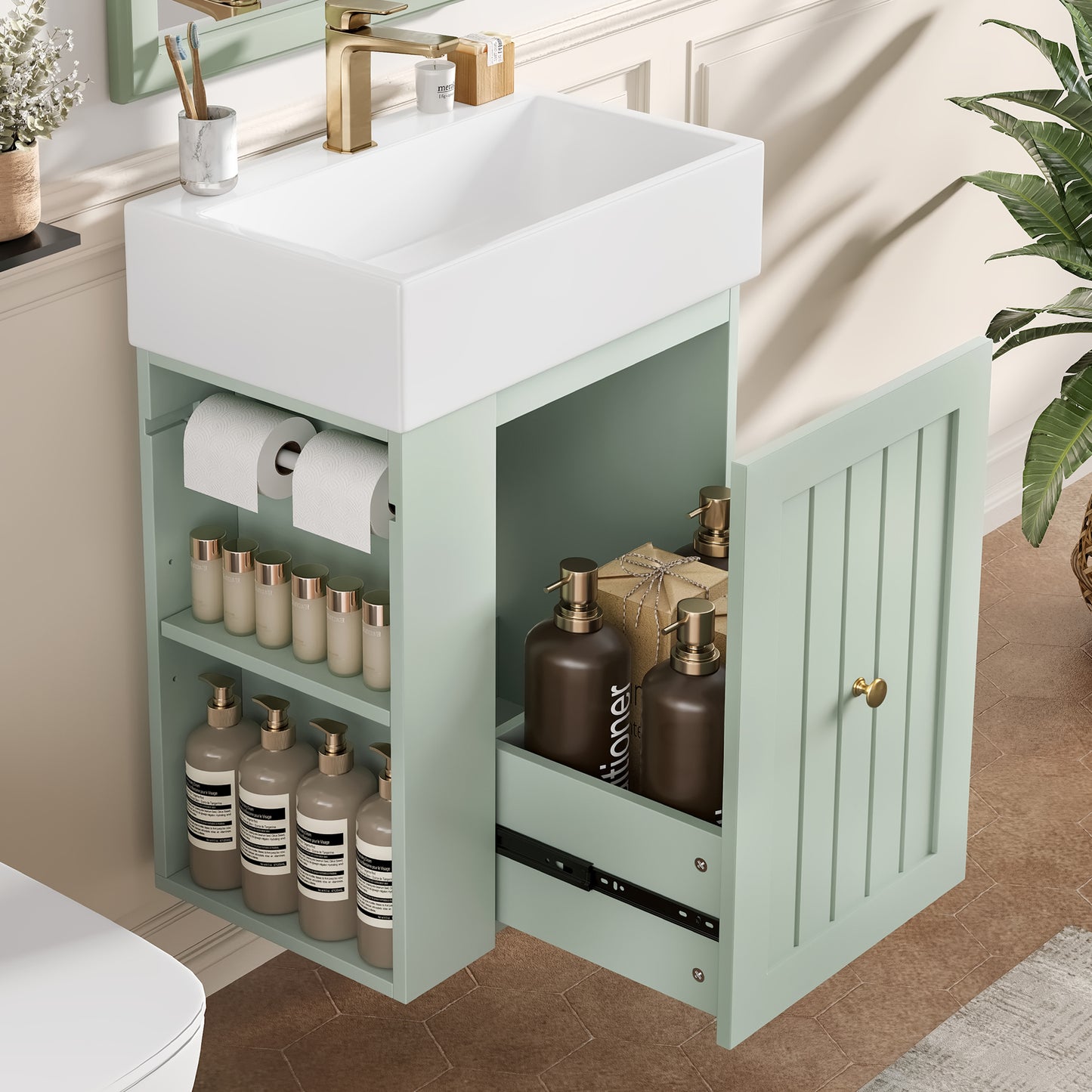 20-Inch Green Bathroom Vanity with Ceramic Sink & Storage