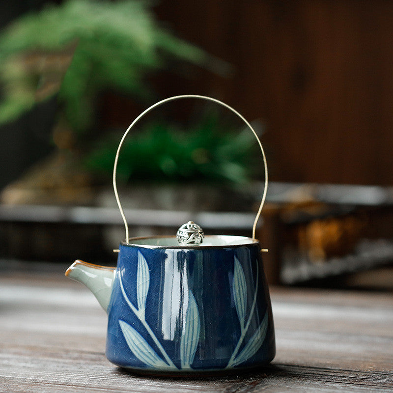 Antique Hand-Painted Ceramic Teapot & Tea Cup Set - Blue and White Kitchen Decor