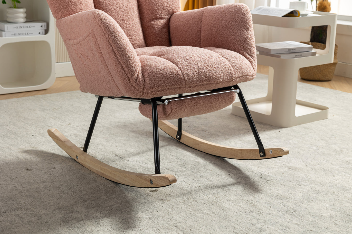 Pink Teddy Fabric Rocking Chair with Adjustable Footstool