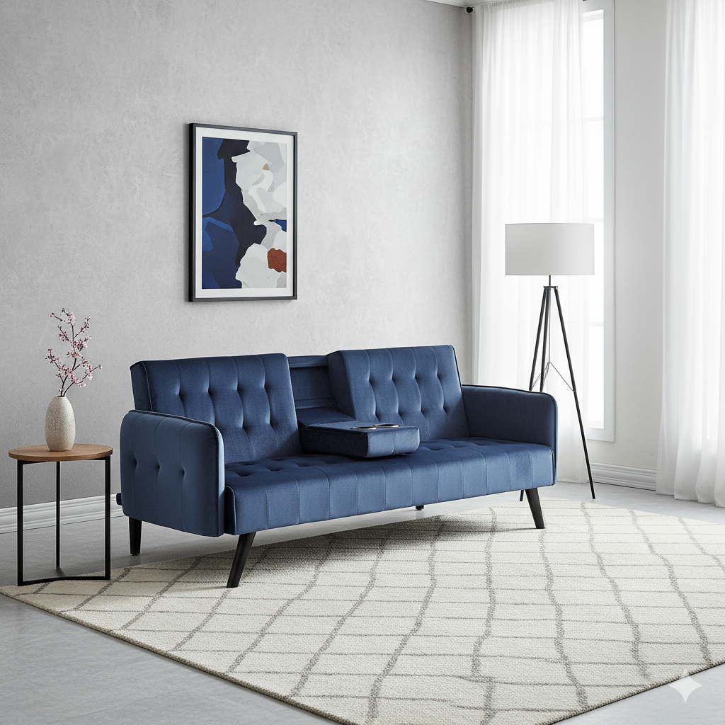 72 Velvet Convertible Sofa Bed With Cup Holders, Tufted Folding Futon