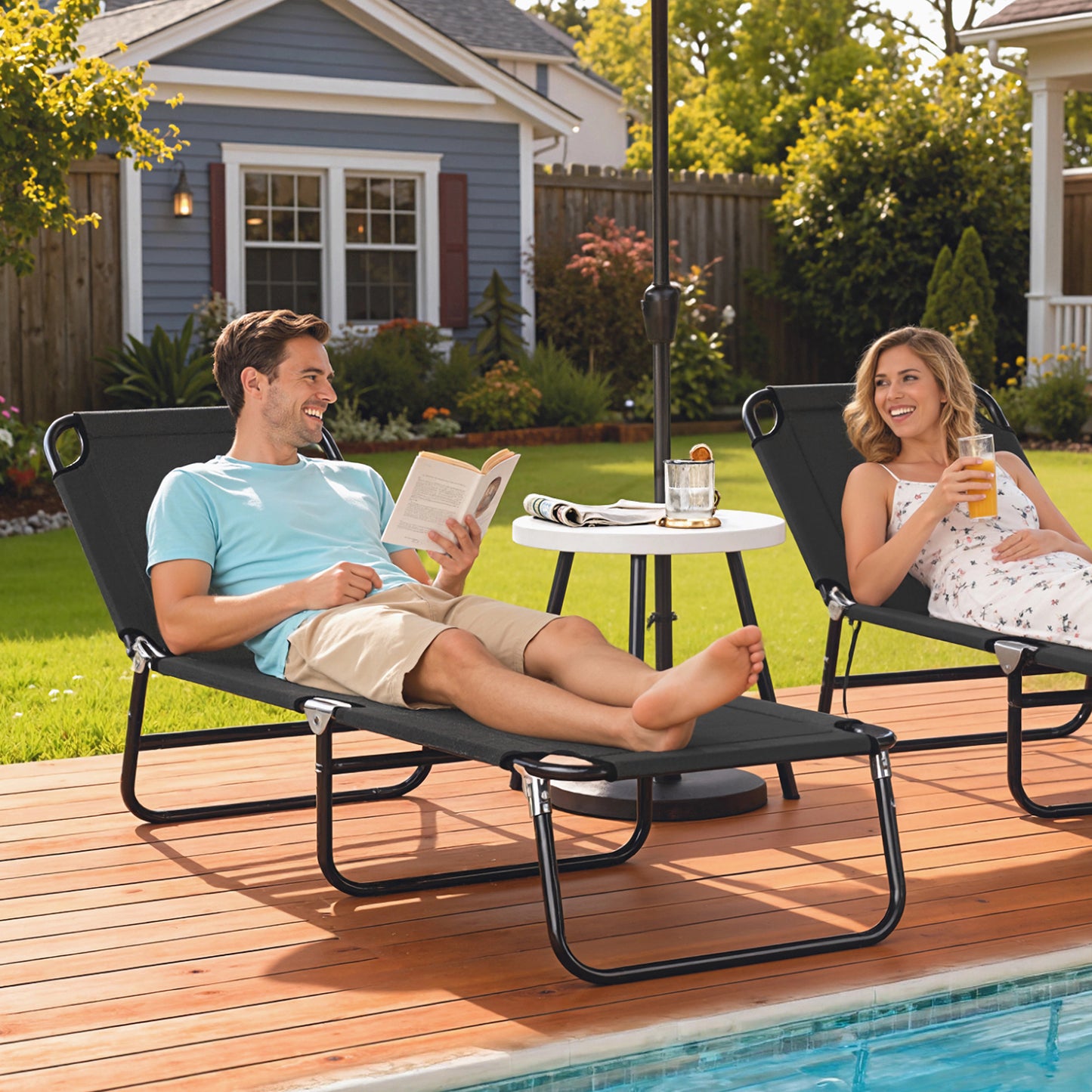 Folding Chaise Lounge Chair - 5-Level Recline, Steel Frame, Black