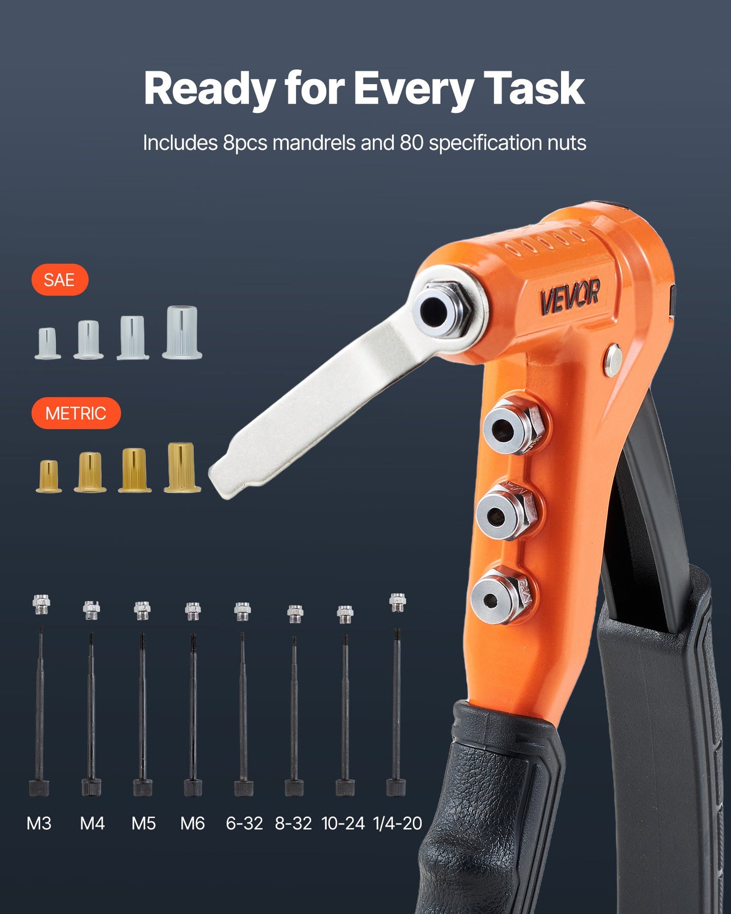 Rivet Nut Tool Kit with 8 Mandrels, Drill Bit & Carry Case - 9 Inch Hand Rivet Setter