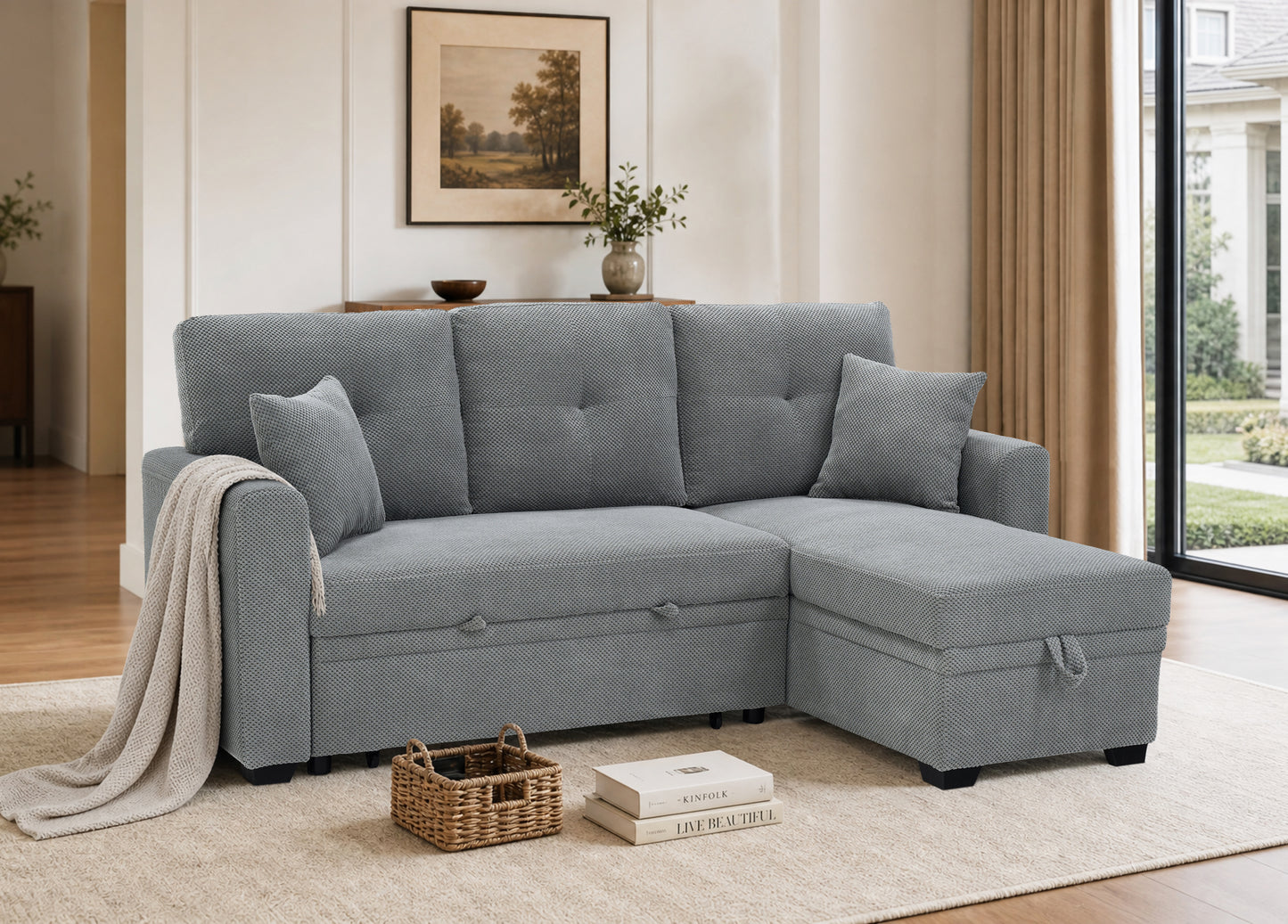 Light Gray Sectional Sofa Bed with Reversible Chaise & Storage