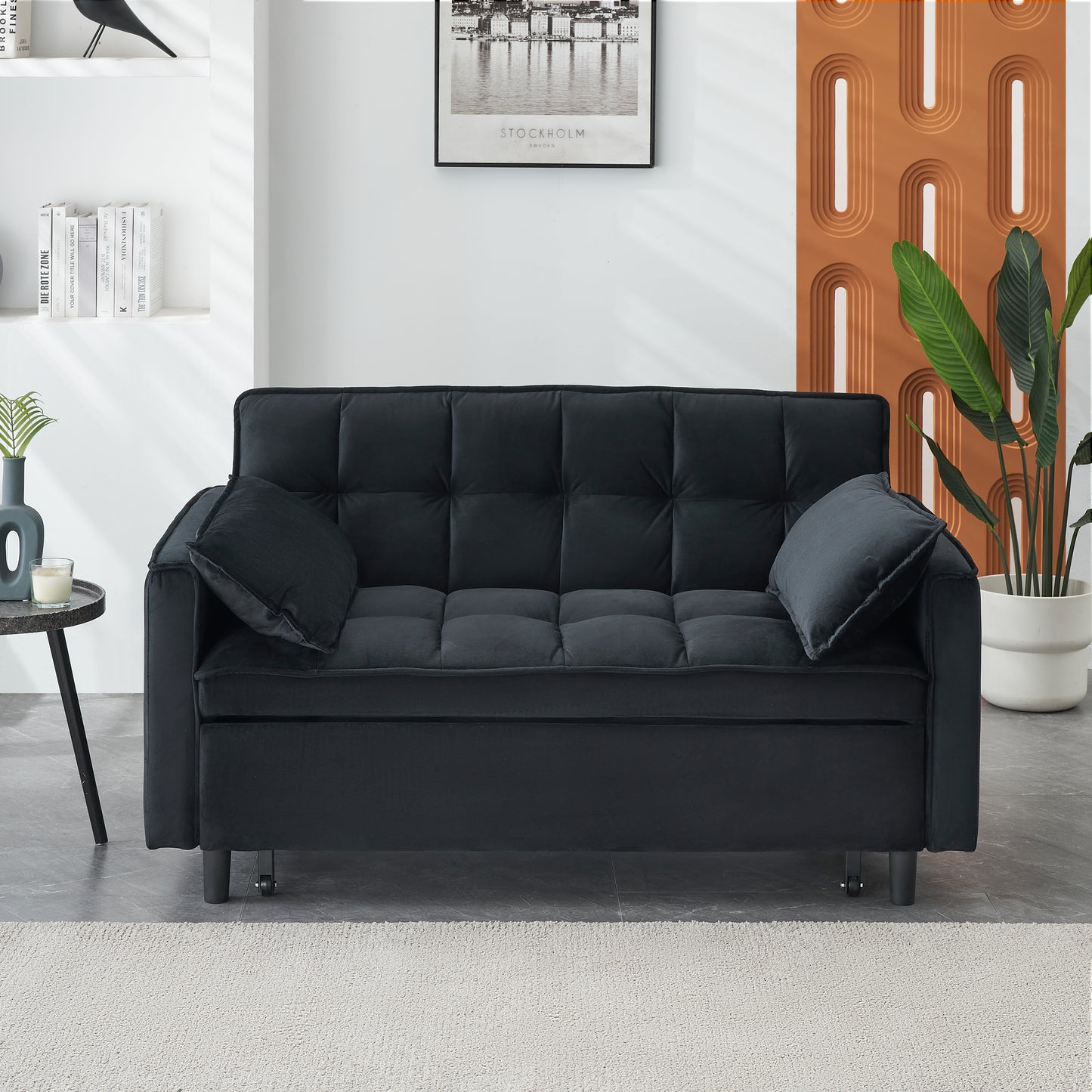 Convertible Velvet Sofa Bed with Pockets - Black Love Seat