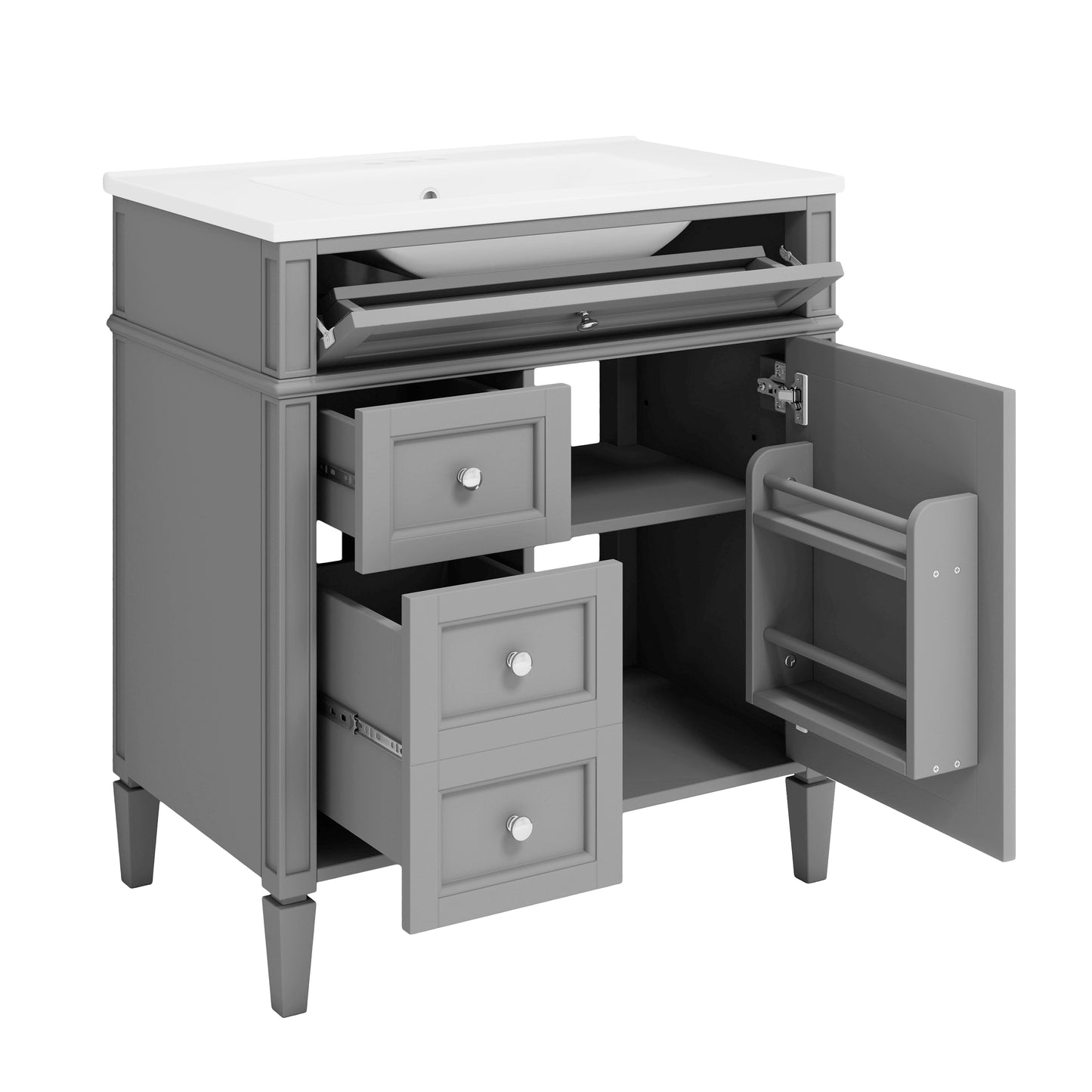 30'' Modern Bathroom Vanity with Sink & 3 Drawers - Grey