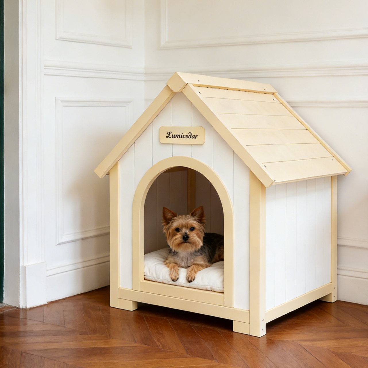 Indoor Wooden Dog House with EVA Cushion - Small Pet Shelter in Creamy White