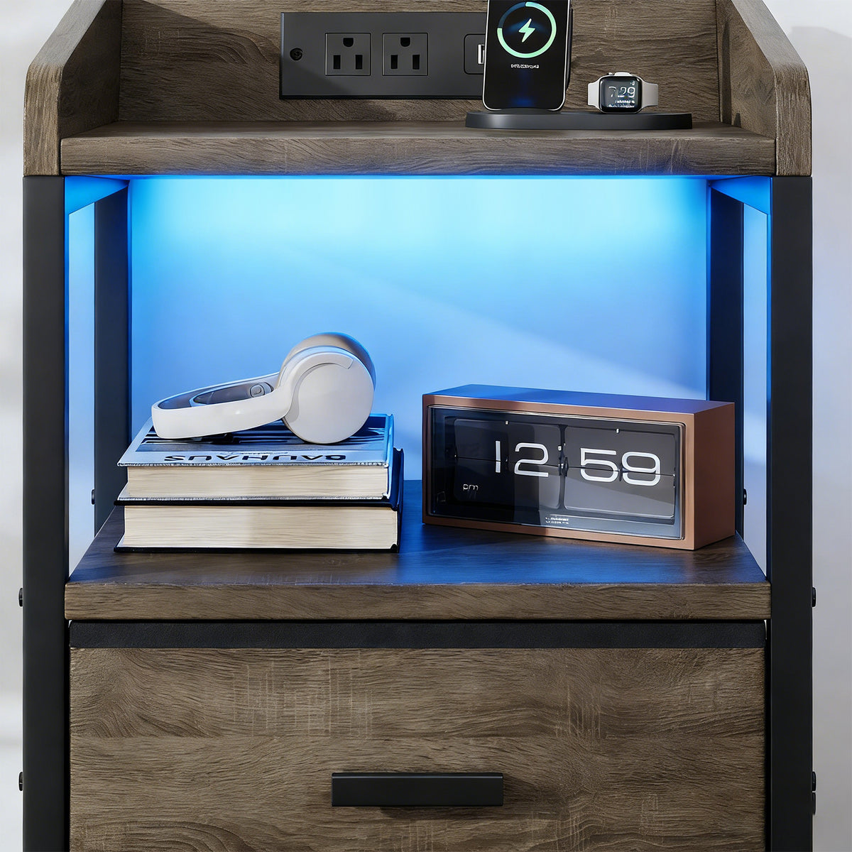 Nightstand with Charging Station and Fabric Drawers - Bedside End Table