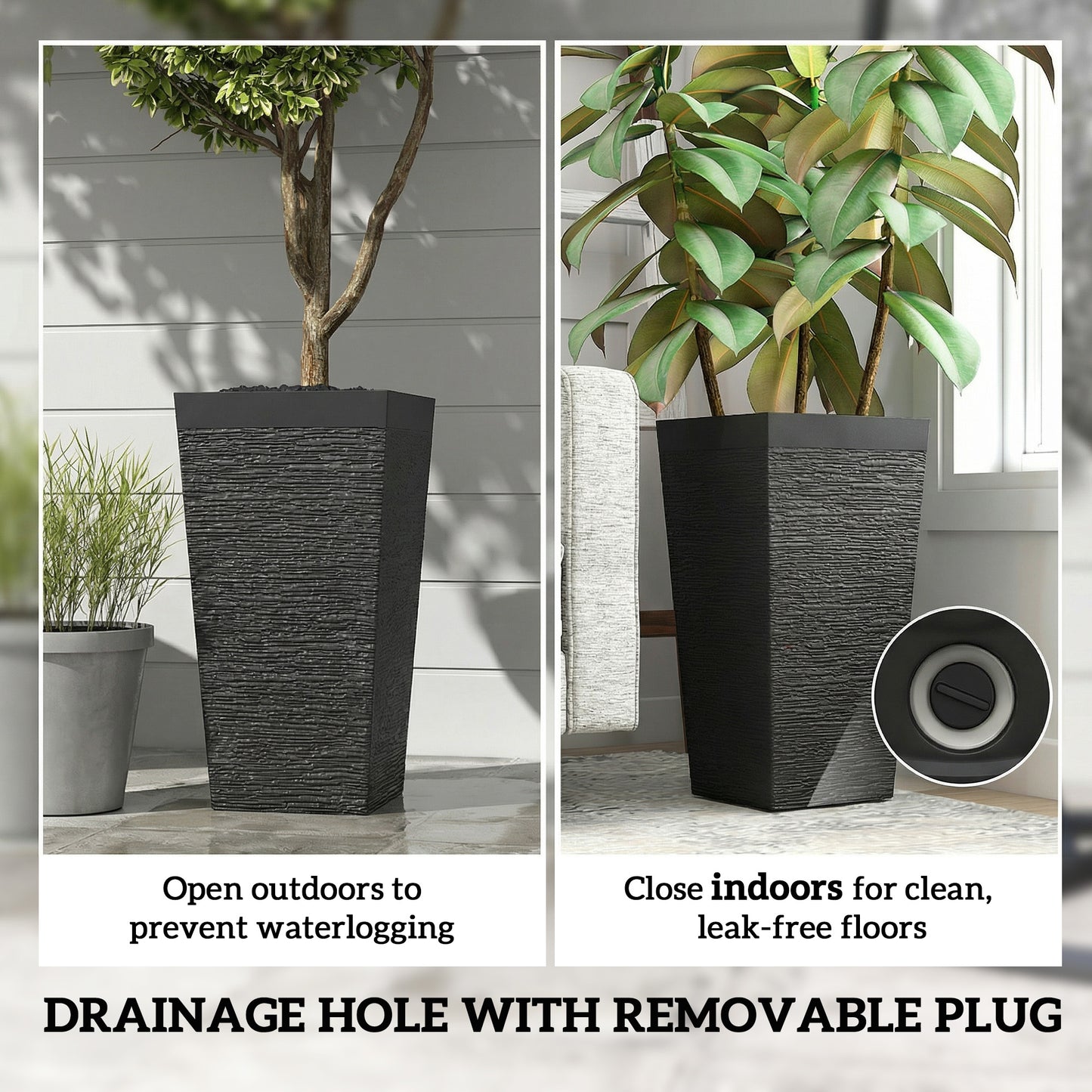 Set of 3 Outdoor Planting Pots with Wheels and Stone Finish - Stackable 22.8 Inch Black Garden Planters