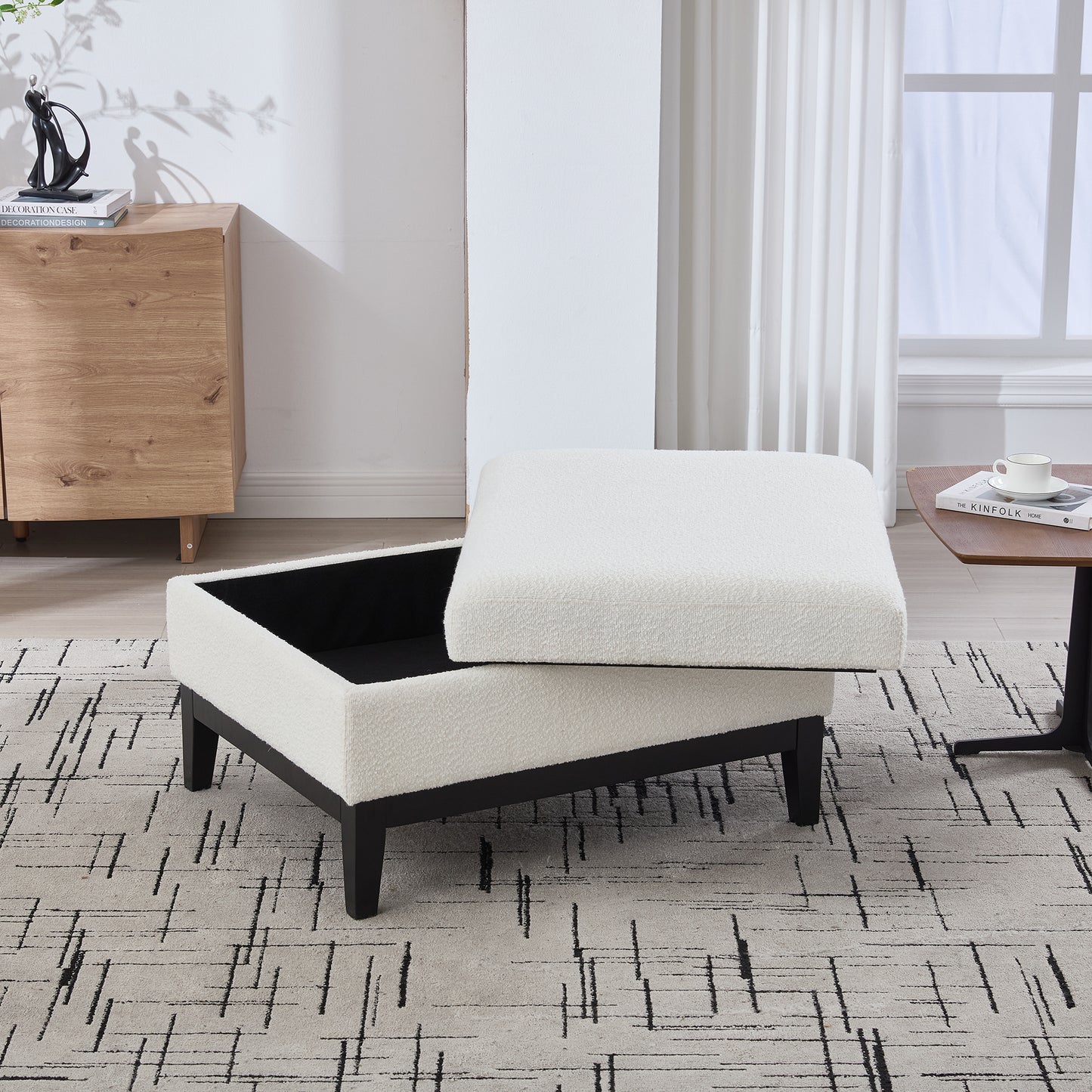 Ivory Upholstered Storage Ottoman with Reversible Lid - Footstool