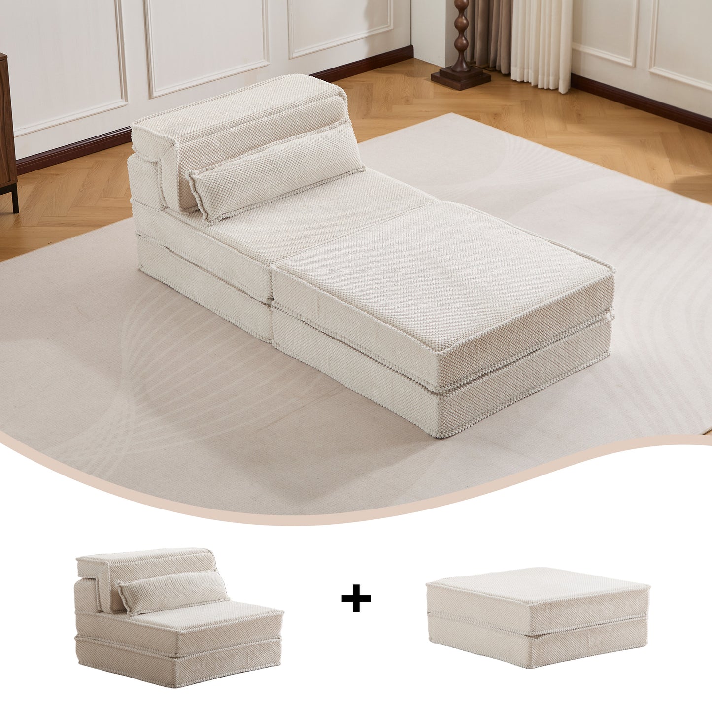 Convertible Compression Mahjong Sofa Bed - White with Pillow & Ottoman