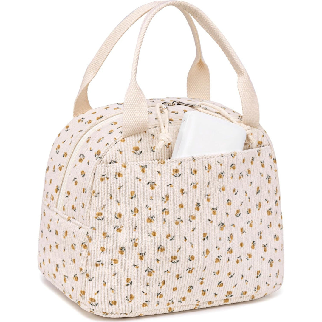 Large Capacity Insulated Lunch Bag - Corduroy Bento Tote with Fresh-Keeping Design