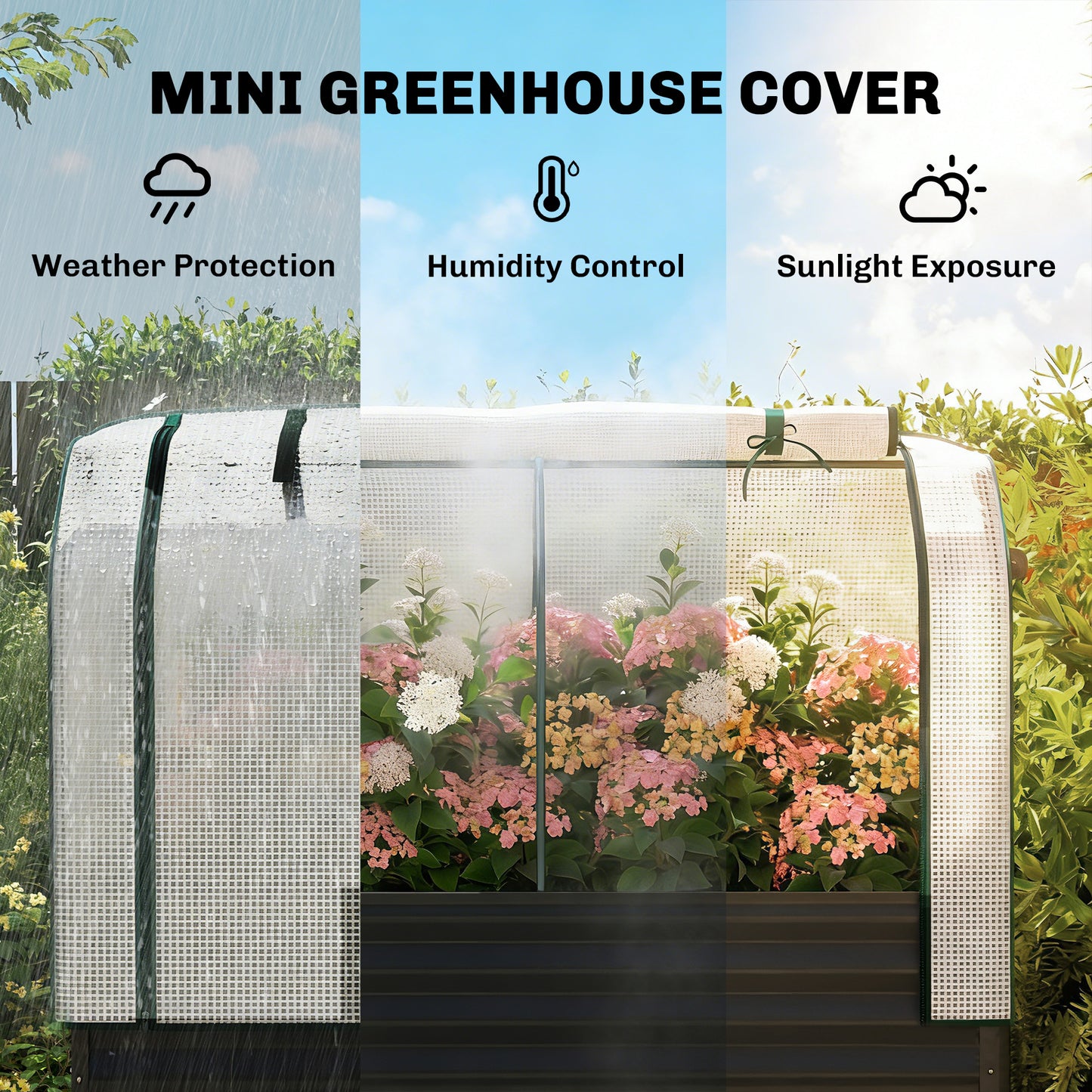 Galvanised Raised Garden Bed with Greenhouse Cover - Metal Elevated Planter with Storage Shelf - Black, 1330x370x120mm