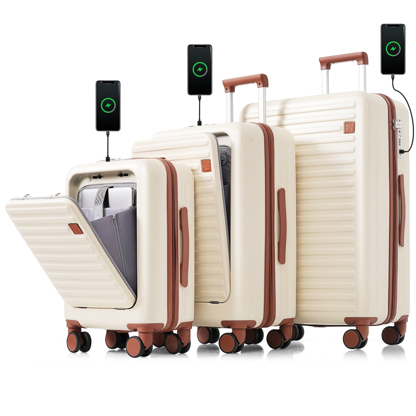3-Piece Luggage Set with USB Port - 20, 24, 28 Inch, Ivory
