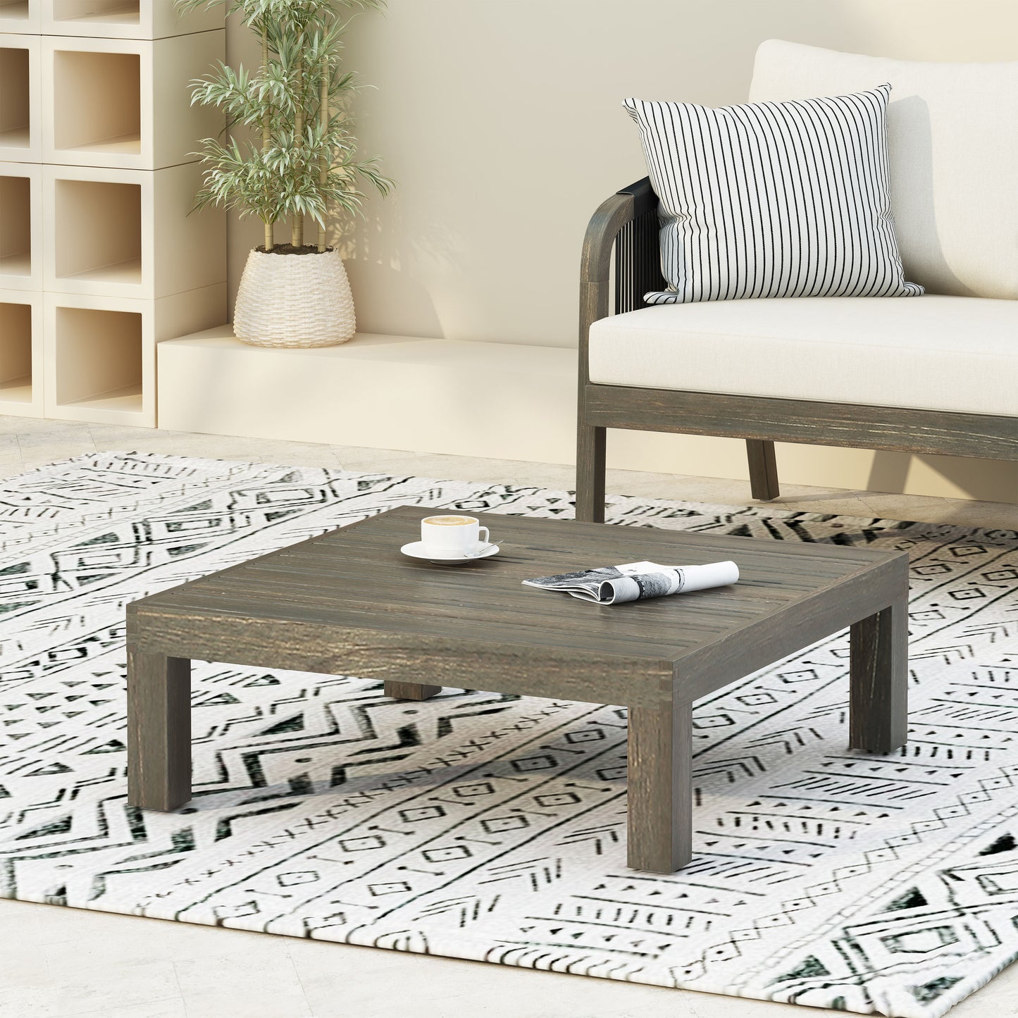Acacia Wood Coffee Table with Slat Panel Design - Grey